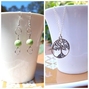 Tree Necklace & Green King Stone Circle Earrings Bundle